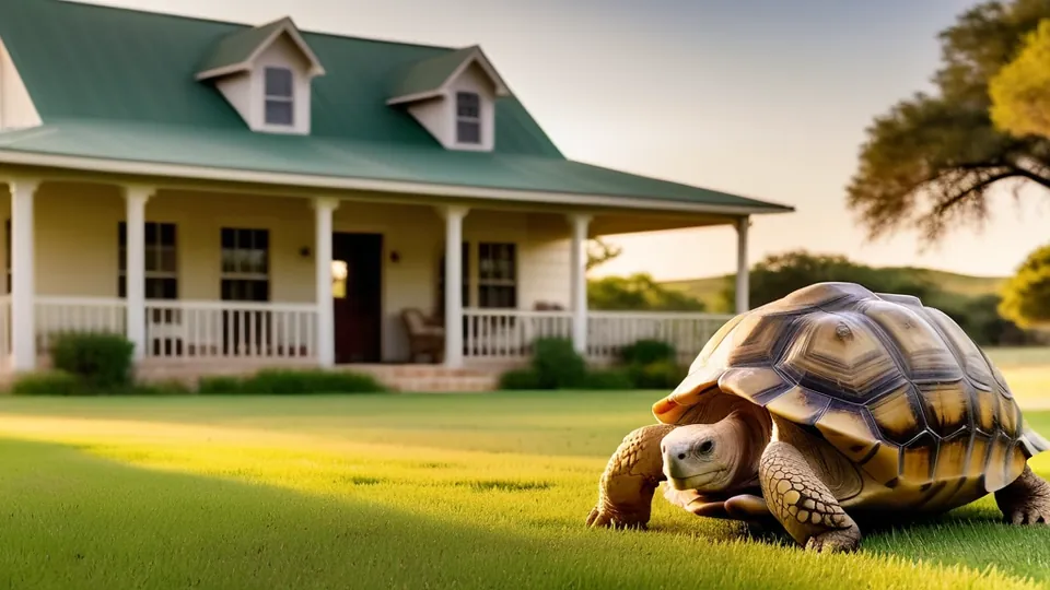 A sulcata tortoise on the lawn in front of a ranch house