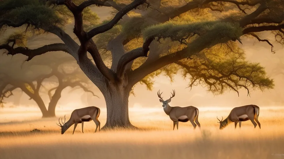 Three antlered deer grazing under a large spreading tree