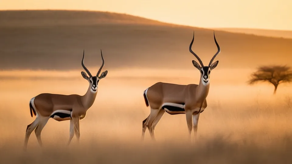 Two impala-like antelope bucks in golden grass at dusk